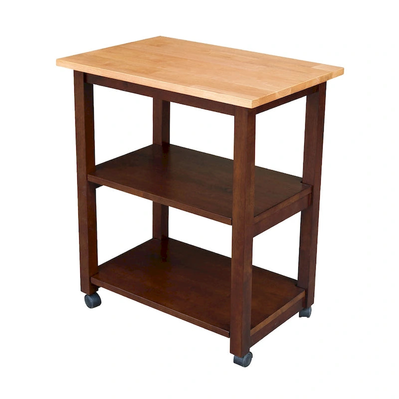 Carrello da Cucina Microonde in Legno Massello di Parawood con 3 Ripiani e Rotelle Bloccabili