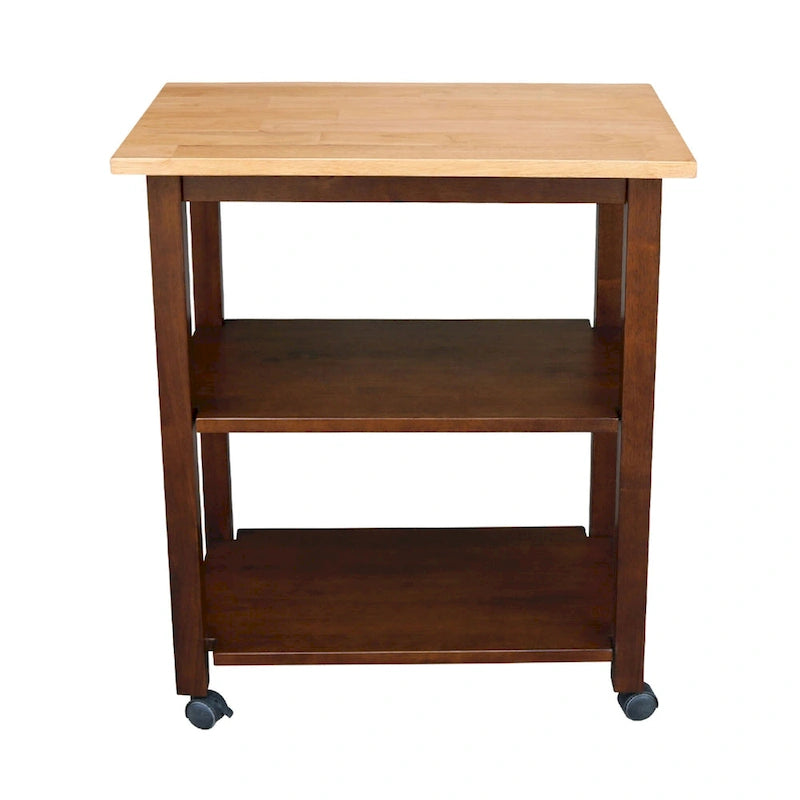 Carrello da Cucina Microonde in Legno Massello di Parawood con 3 Ripiani e Rotelle Bloccabili