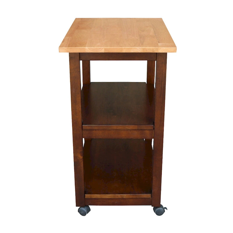 Carrello da Cucina Microonde in Legno Massello di Parawood con 3 Ripiani e Rotelle Bloccabili