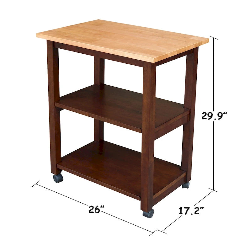 Carrello da Cucina Microonde in Legno Massello di Parawood con 3 Ripiani e Rotelle Bloccabili