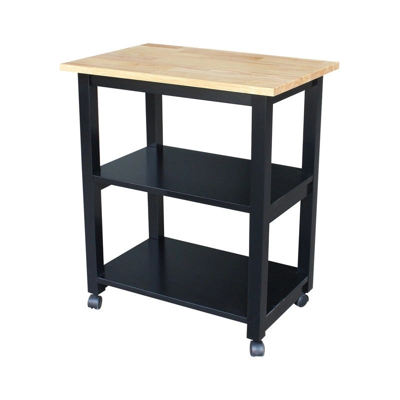Carrello da Cucina Microonde in Legno Massello di Parawood con 3 Ripiani e Rotelle Bloccabili