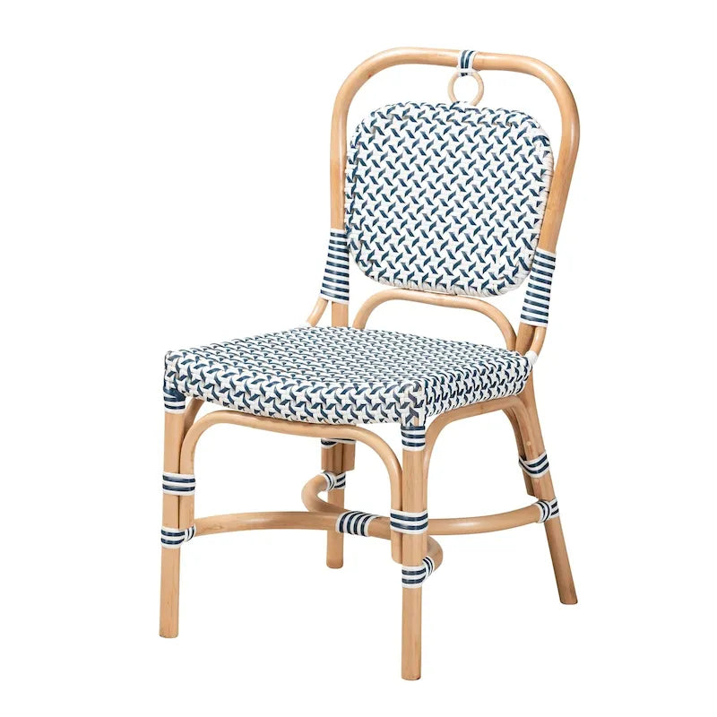 Sedia Bistro Luciana in Rattan Naturale con Tessitura Moderna Francese Blu e Bianca