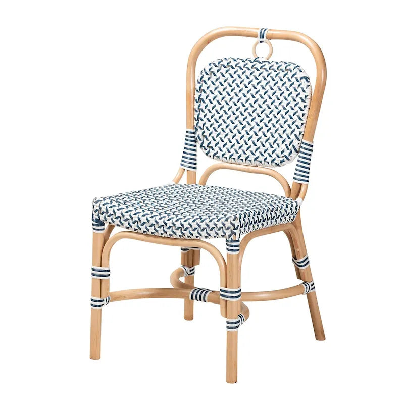 Sedia Bistro Luciana in Rattan Naturale con Tessitura Moderna Francese Blu e Bianca