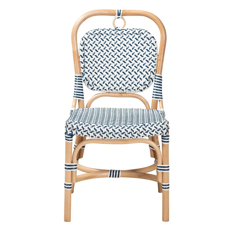 Sedia Bistro Luciana in Rattan Naturale con Tessitura Moderna Francese Blu e Bianca