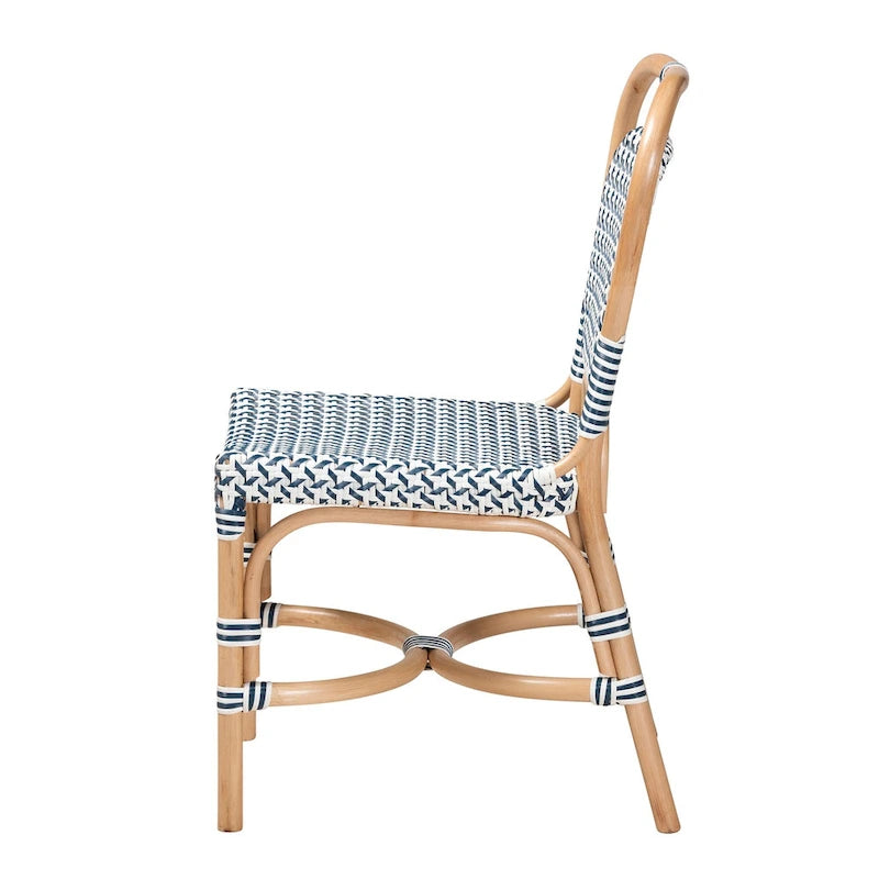 Sedia Bistro Luciana in Rattan Naturale con Tessitura Moderna Francese Blu e Bianca