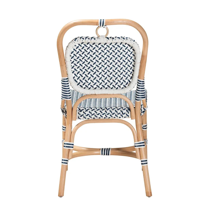 Sedia Bistro Luciana in Rattan Naturale con Tessitura Moderna Francese Blu e Bianca