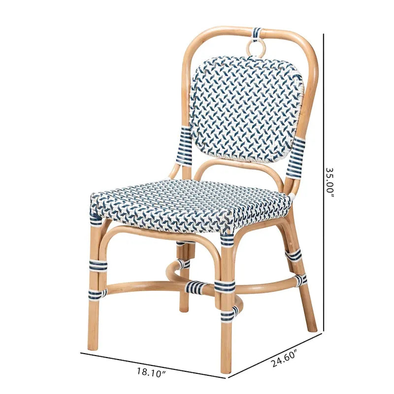 Sedia Bistro Luciana in Rattan Naturale con Tessitura Moderna Francese Blu e Bianca