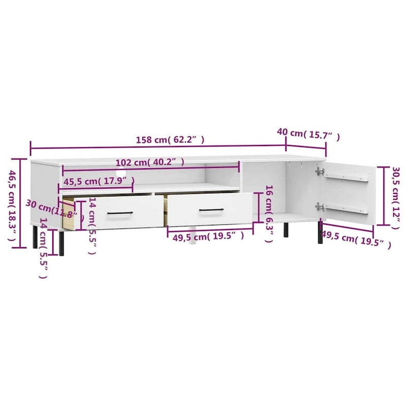 Mobile TV con gambe in metallo e legno massiccio di pino - 158 x 40 x 46.5 cm