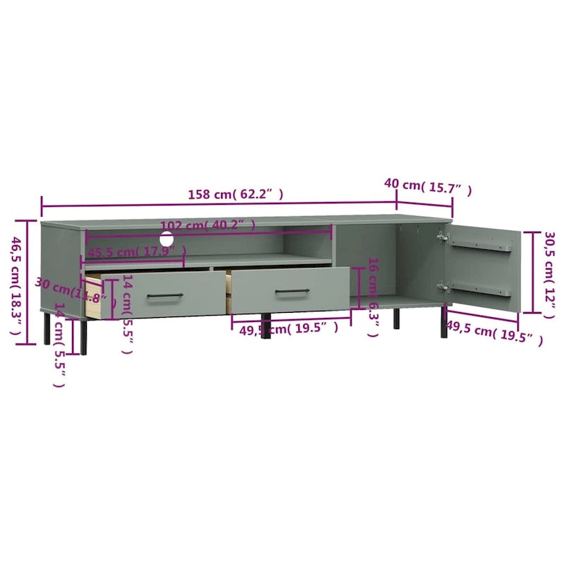Mobile TV con gambe in metallo e legno massiccio di pino - 158 x 40 x 46.5 cm
