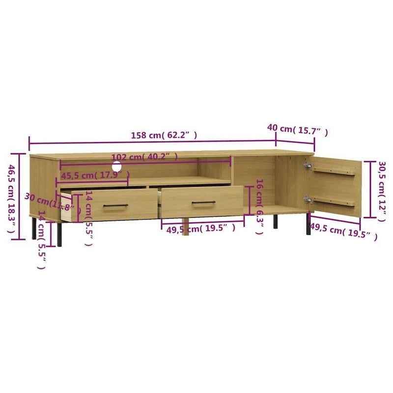 Mobile TV con gambe in metallo e legno massiccio di pino - 158 x 40 x 46.5 cm