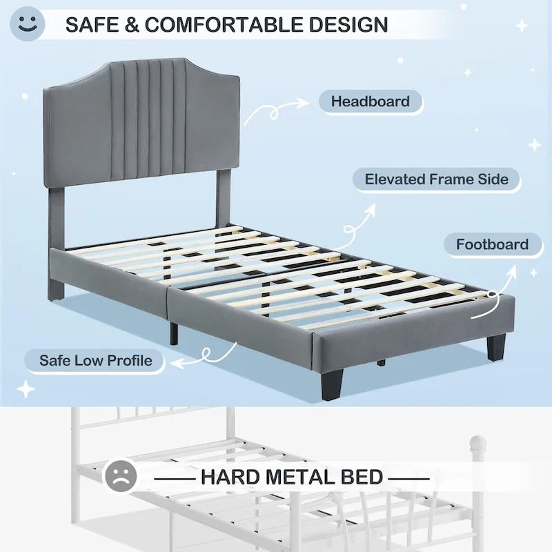 Telaio letto imbottito per bambini con testiera e bottoni decorativi