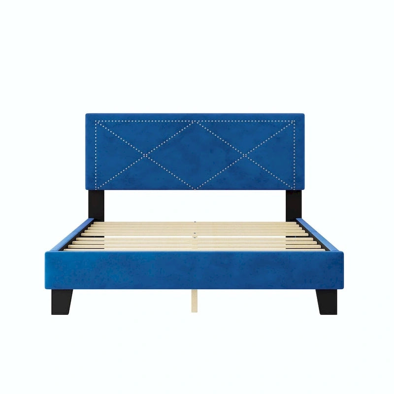 Semplice letto imbottito Queen Size con rivetti, letto a piattaforma moderno in velluto con testiera