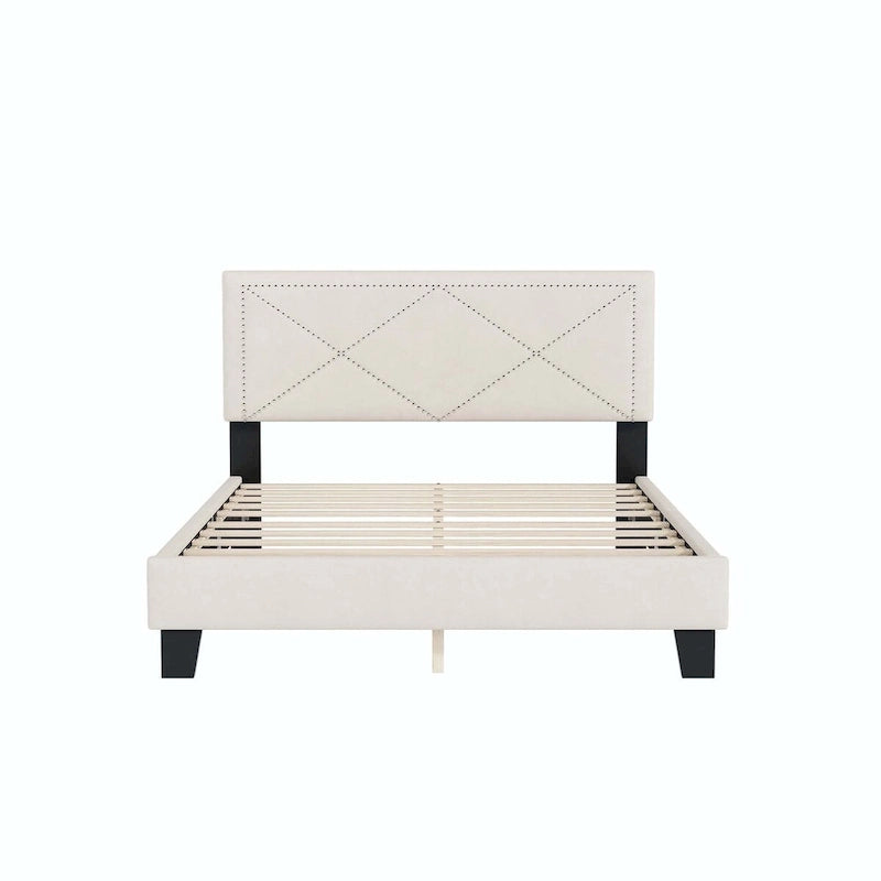 Semplice letto imbottito Queen Size con rivetti, letto a piattaforma moderno in velluto con testiera