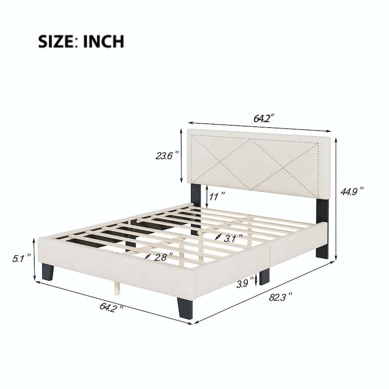 Semplice letto imbottito Queen Size con rivetti, letto a piattaforma moderno in velluto con testiera