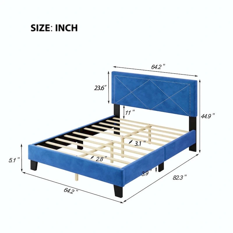 Semplice letto imbottito Queen Size con rivetti, letto a piattaforma moderno in velluto con testiera