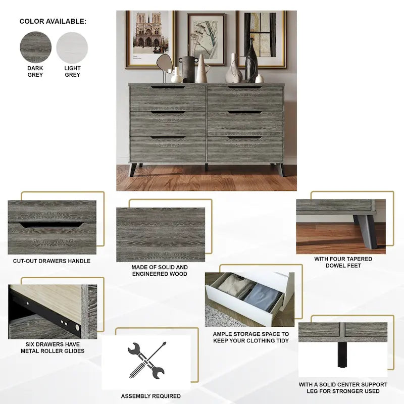 Cassettiera in legno a 6 cassetti con gambe affusolate