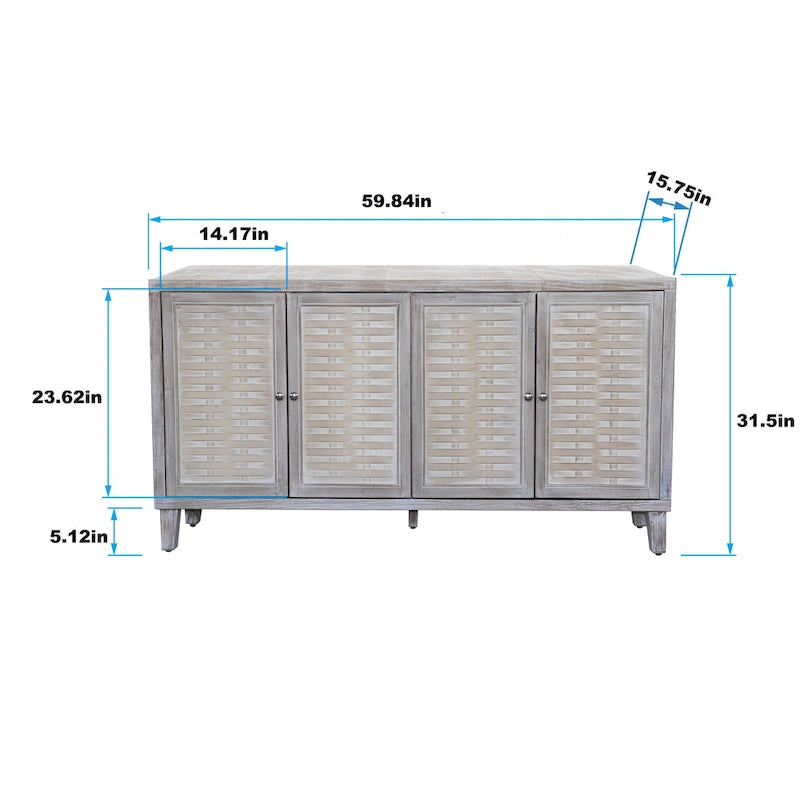 Mobile credenza a 4 ante in legno naturale stile rustico da 152 cm con spazio contenitivo aggiuntivo