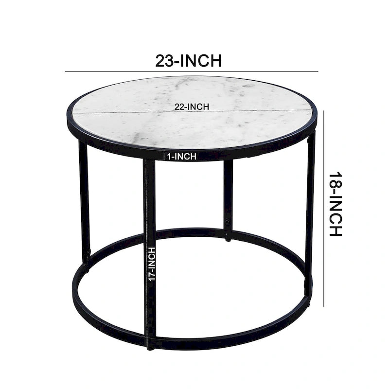 Tavolino Rotondo da 23 Pollici, Moderno con Piano in Marmo Naturale Bianco, Classica Struttura in Ferro Nero