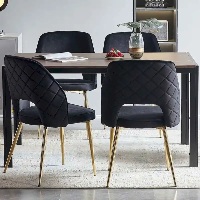 Sedie da Pranzo in Velluto Nero con Gambe in Metallo e Schienale Vuoto, Set di 4 Sedie da Pranzo Imbottite