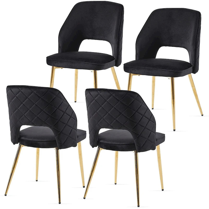 Sedie da Pranzo in Velluto Nero con Gambe in Metallo e Schienale Vuoto, Set di 4 Sedie da Pranzo Imbottite
