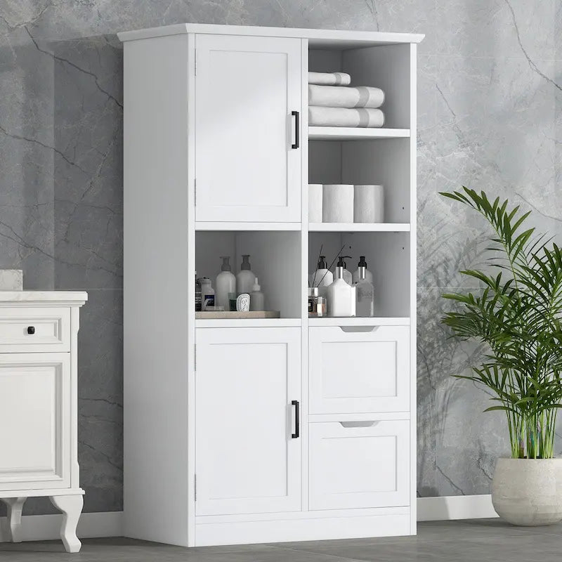 Mobile porta biancheria bianco con ripiani aperti e cassetti, 31 pollici L x 16 pollici P x 62 pollici H