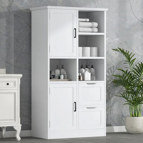 Mobile porta biancheria bianco con ripiani aperti e cassetti, 31 pollici L x 16 pollici P x 62 pollici H