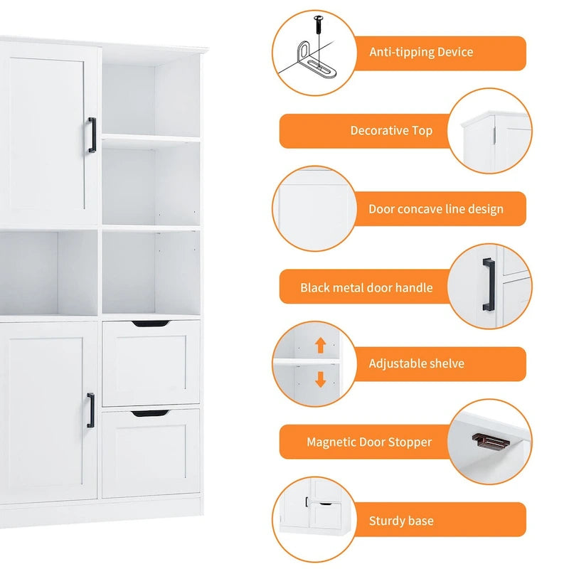 Mobile porta biancheria bianco con ripiani aperti e cassetti, 31 pollici L x 16 pollici P x 62 pollici H